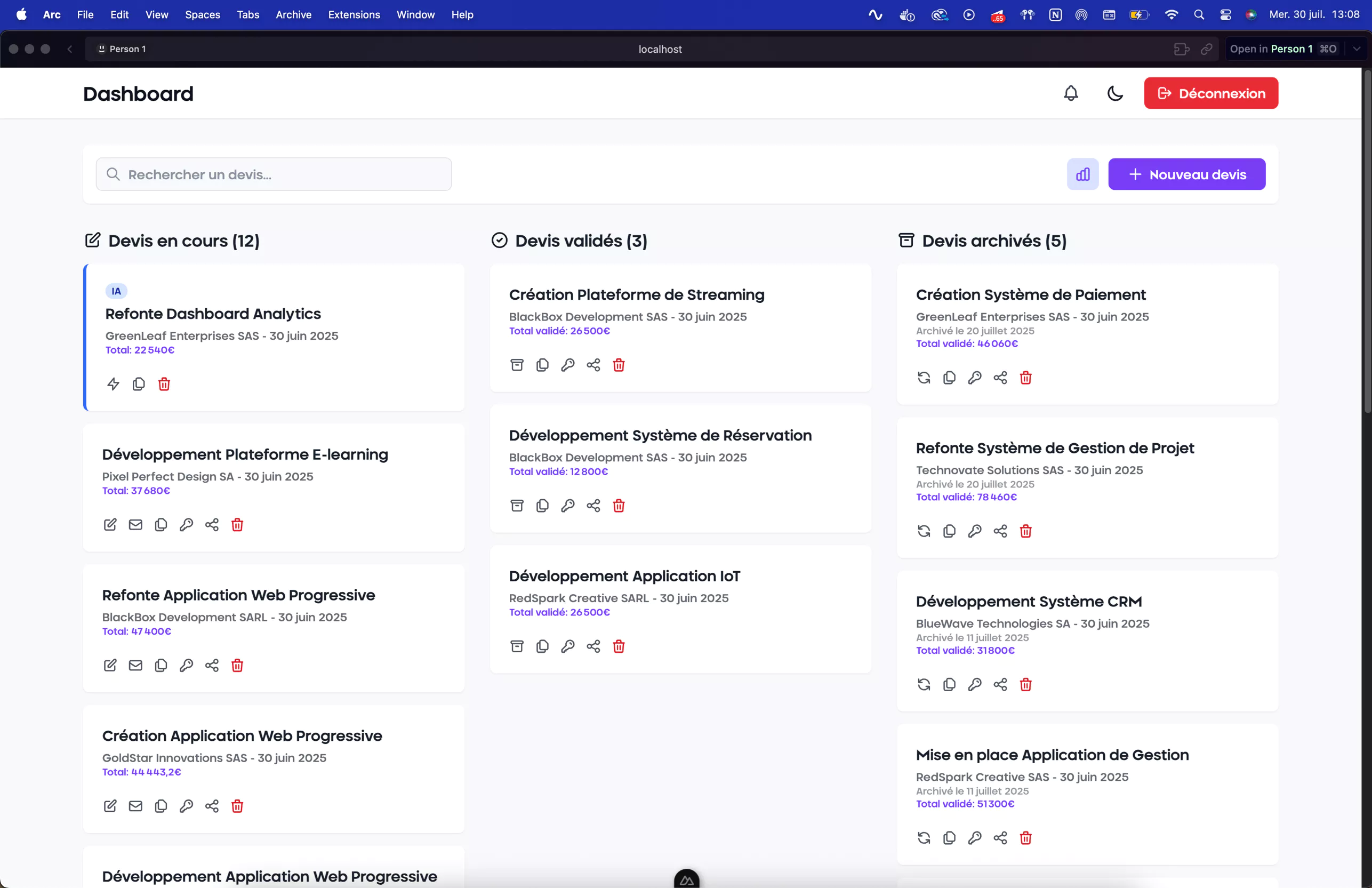 Dashboard administrateur avec analytics et métriques