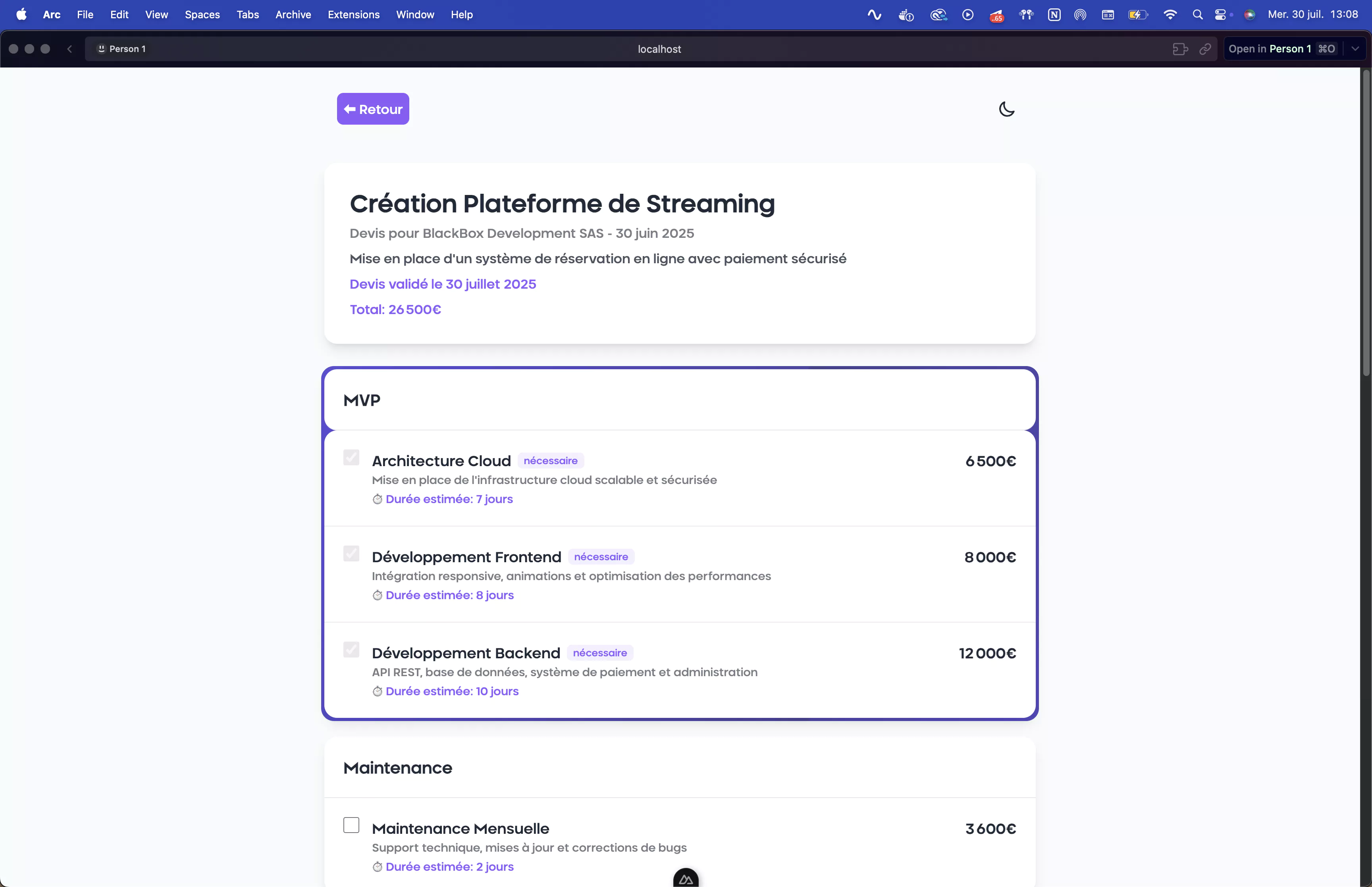 Vue client du devis généré