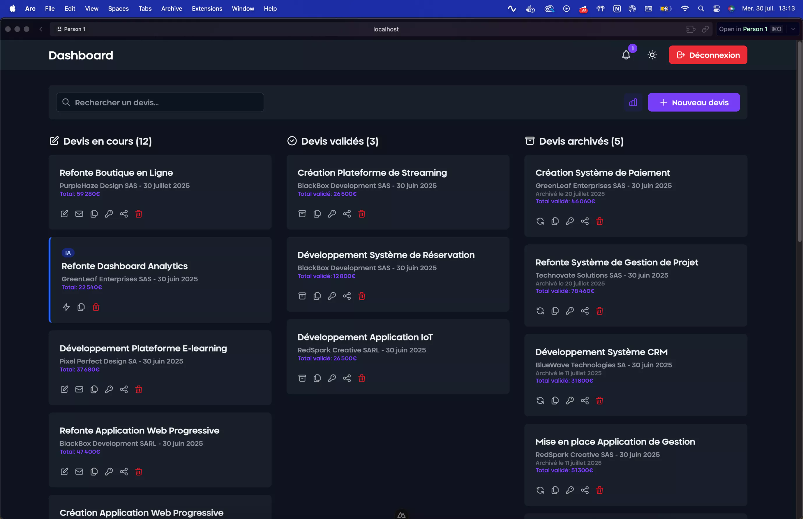 Interface en mode sombre