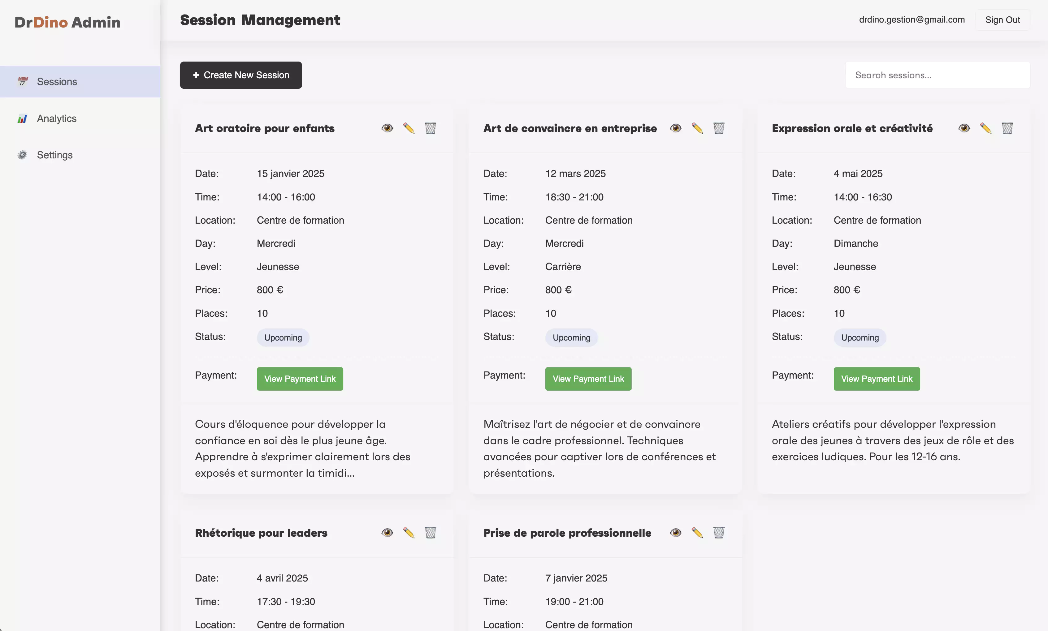 Tableau de bord administrateur pour la gestion des sessions