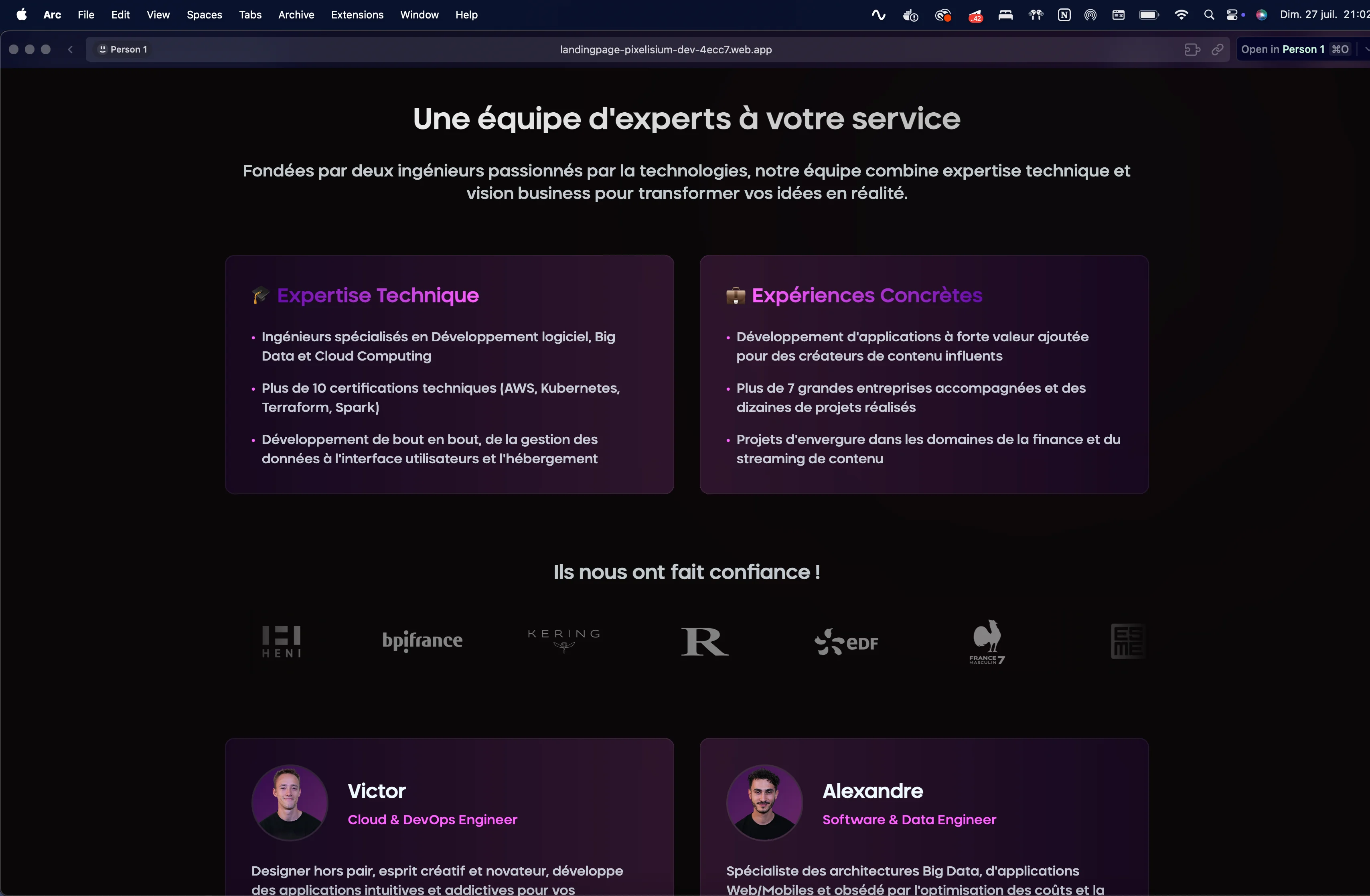 Page présentation équipe et expertise technique